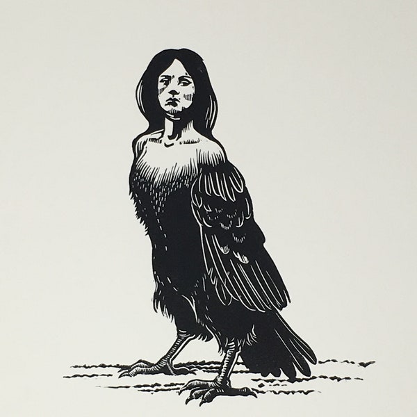 Harpy Linocut - Original Handcarved Linoprint Artwork, B/W Limited edition featuring Mythical Motif with Woman as Bird