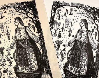 Woodland Witch  -  Original Handcarved Linocut, Limited edition artwork