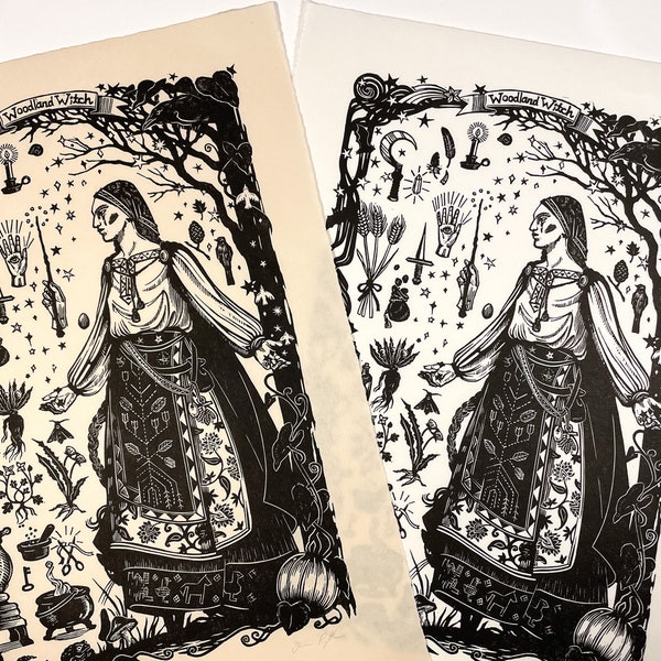 Woodland Witch  -  Original Handcarved Linocut, Limited edition artwork