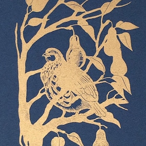 Partridge in a Peartree Linocut - Original Handcarved Handmade Linoprint Artwork, L.E. in Gold, Bird Tree Leaves Botanical Vintage Design