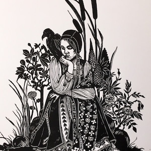 Crow Lady No. 7 - Original Handcarved Linocut Linoprint, B/W Limited edition w Mythical Motif of Woman and Raven Folkart