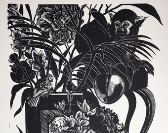 The Third Room to the Right - Handmade Linocut Linoprint w Chinoiserie Peonies Peony Flowers Birds Monkey Canary feat 18th century stilleben