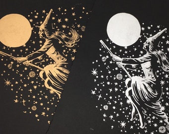 Something Wicked Linocut - Original Handmade Artwork, in Gold, Silver, feat Witch on Broom w Stars Moon in Vintage Halloween design Wicca