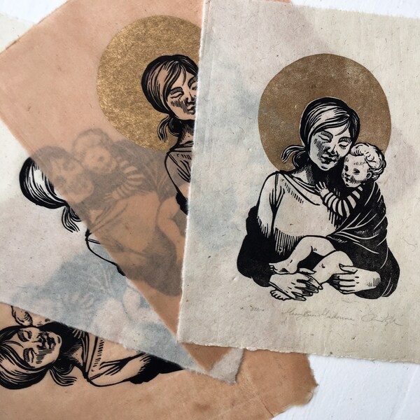 Messy-bun Madonna - Original Handcarved Linocut print, Limited edition, Contemporary Mary and Child w Halo, Motherhood, Gold and Lokta paper