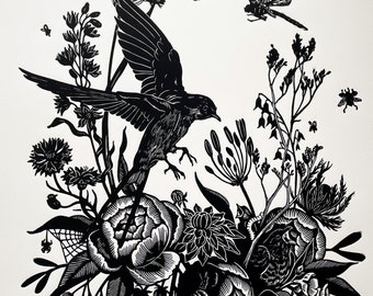 Rite of Summer - Original handcarved Linocut print, limited edition, black on Cream, featuring birds and flowers