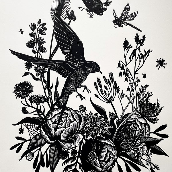 Rite of Summer - Original handcarved Linocut print, limited edition, black on Cream, featuring birds and flowers