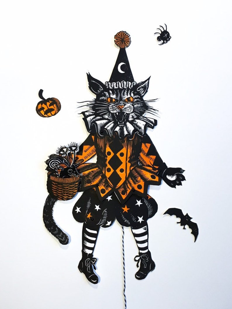 Halloween Jumping Jack Gustav the Cat Handmade Linocut, Trick and Treat Kitty, Bat pumpkin mouse eyeball harlequin star moon linoprint image 2