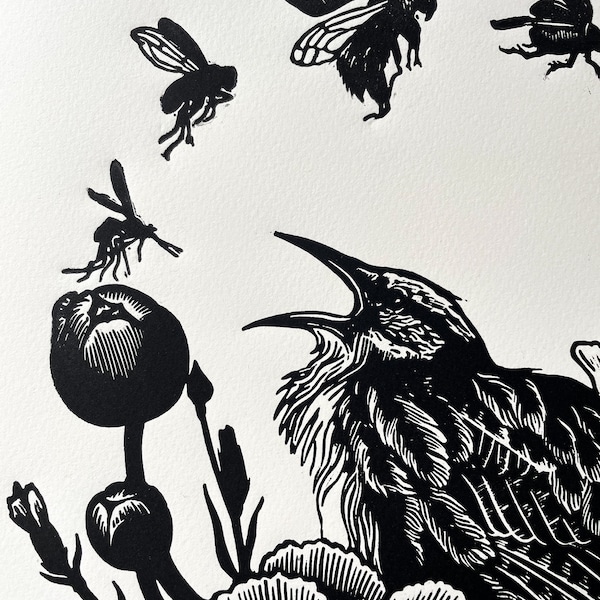 Rite of Spring - Originele handgesneden Linosnede print, limited edition, Zwart op Crème, met vogels en bloemen