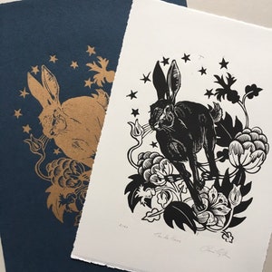 Thistle Hare Linocut - Original Handcarved Handmade Linocut Linoprint Artwork, Limited edition in Gold, featuring Rabbit and Floral Design