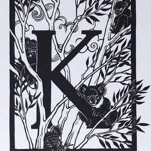 Linocut ABC K is for... Original handcarved Linoprint Artwork Alphabet, Koala Koala in Eucalyptus Tree, Australian Flora Fauna Botanical image 3