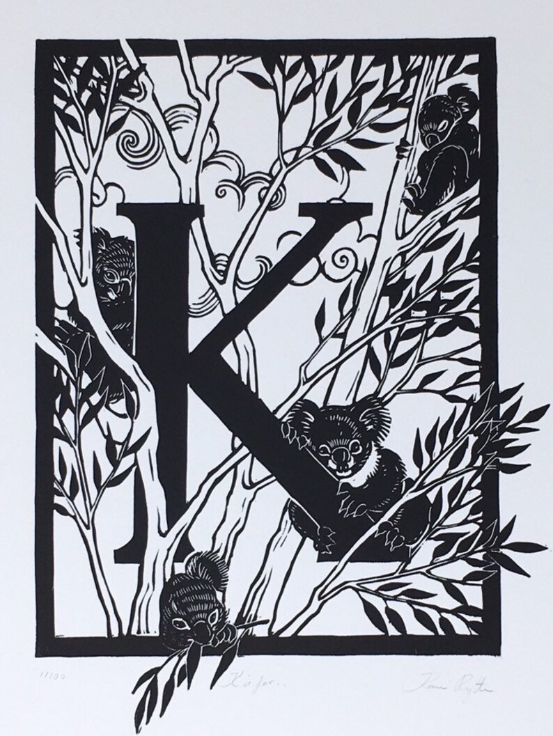 Linocut ABC K is for... Original handcarved Linoprint Artwork Alphabet, Koala Koala in Eucalyptus Tree, Australian Flora Fauna Botanical image 3