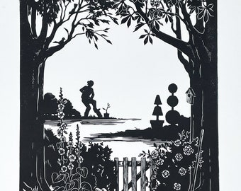 Gardening linocut - original artwork featuring woman tending to her garden, including birds, bugs, trees and botanical illustrations