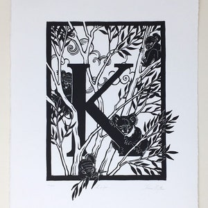 Linocut ABC K is for... Original handcarved Linoprint Artwork Alphabet, Koala Koala in Eucalyptus Tree, Australian Flora Fauna Botanical image 2