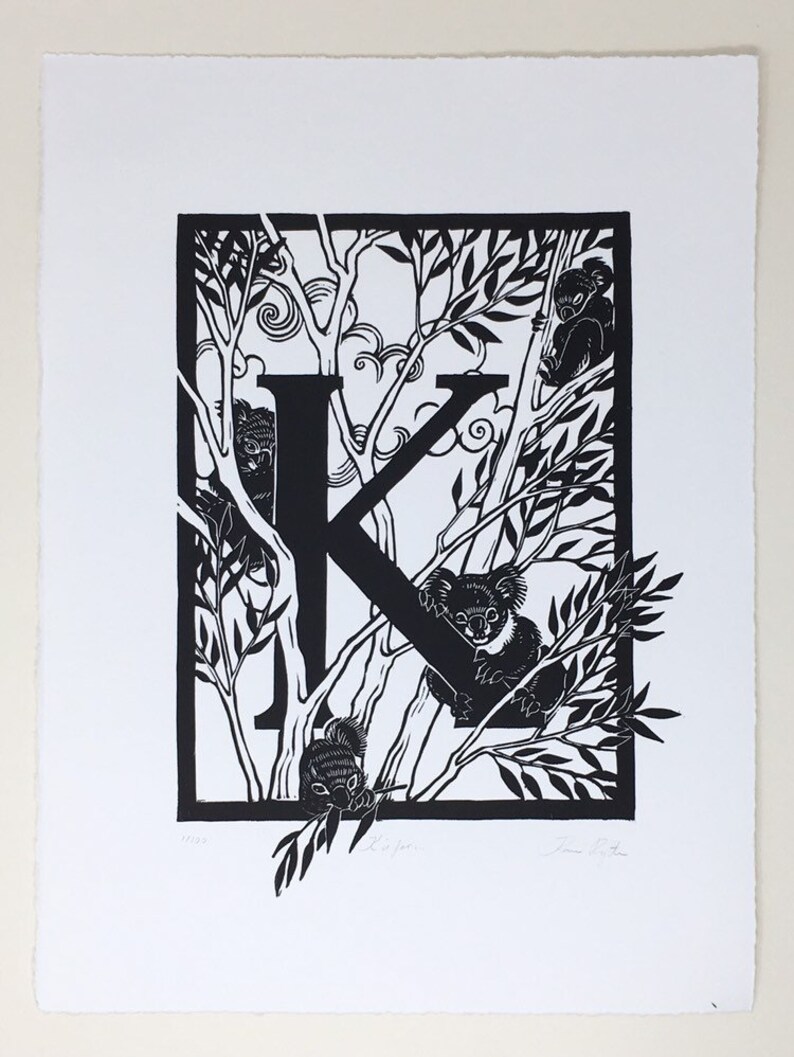 Linocut ABC K is for... Original handcarved Linoprint Artwork Alphabet, Koala Koala in Eucalyptus Tree, Australian Flora Fauna Botanical image 2