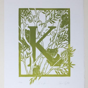 Linocut ABC K is for... Original handcarved Linoprint Artwork Alphabet, Koala Koala in Eucalyptus Tree, Australian Flora Fauna Botanical image 5