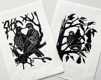 Original Linocut Partridge and Doves  - handcarved print limited edition Birds Pigeon Botanical art Turtle Dove