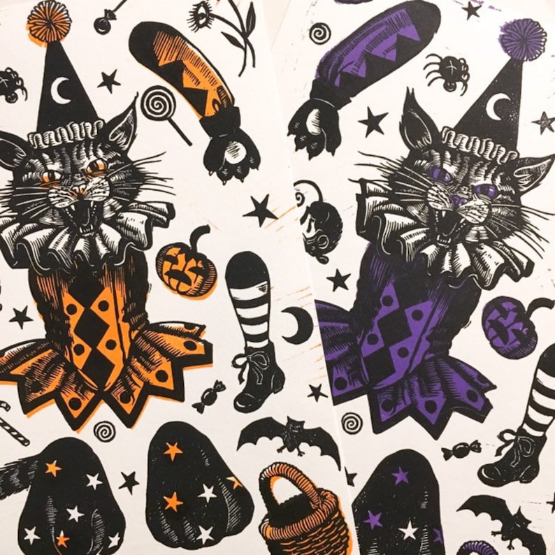 Halloween Jumping Jack Gustav the Cat Handmade Linocut, Trick and Treat Kitty, Bat pumpkin mouse eyeball harlequin star moon linoprint image 1