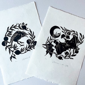 Serie Nighttime original en linóleo: impresión tallada a mano de edición limitada Pájaros Paloma Arte botánico Tórtola