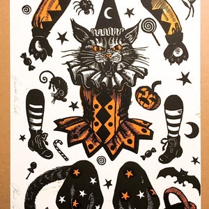 Halloween Jumping Jack Gustav the Cat Handmade Linocut, Trick and Treat Kitty, Bat pumpkin mouse eyeball harlequin star moon linoprint image 6