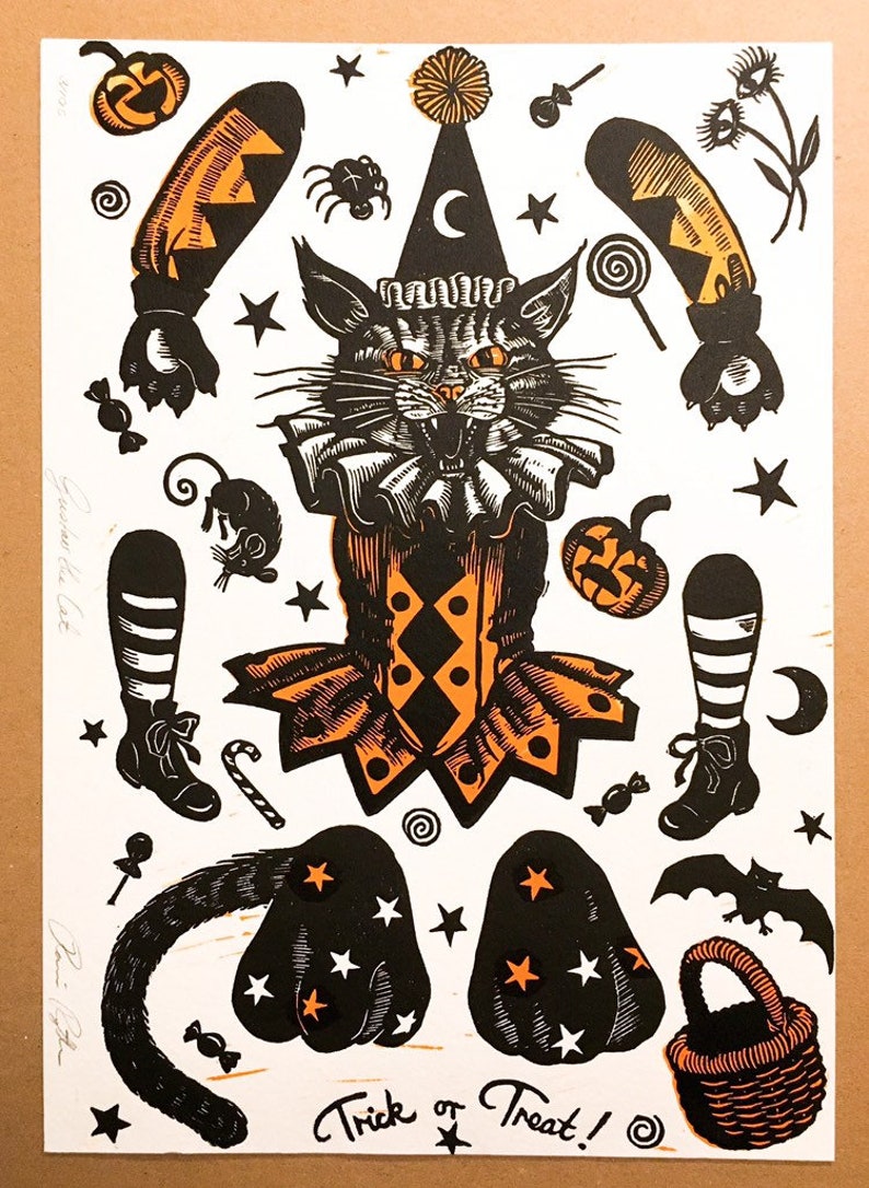 Halloween Jumping Jack Gustav the Cat Handmade Linocut, Trick and Treat Kitty, Bat pumpkin mouse eyeball harlequin star moon linoprint image 6