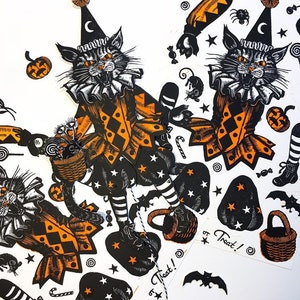 Halloween Jumping Jack Gustav the Cat Handmade Linocut, Trick and Treat Kitty, Bat pumpkin mouse eyeball harlequin star moon linoprint image 4