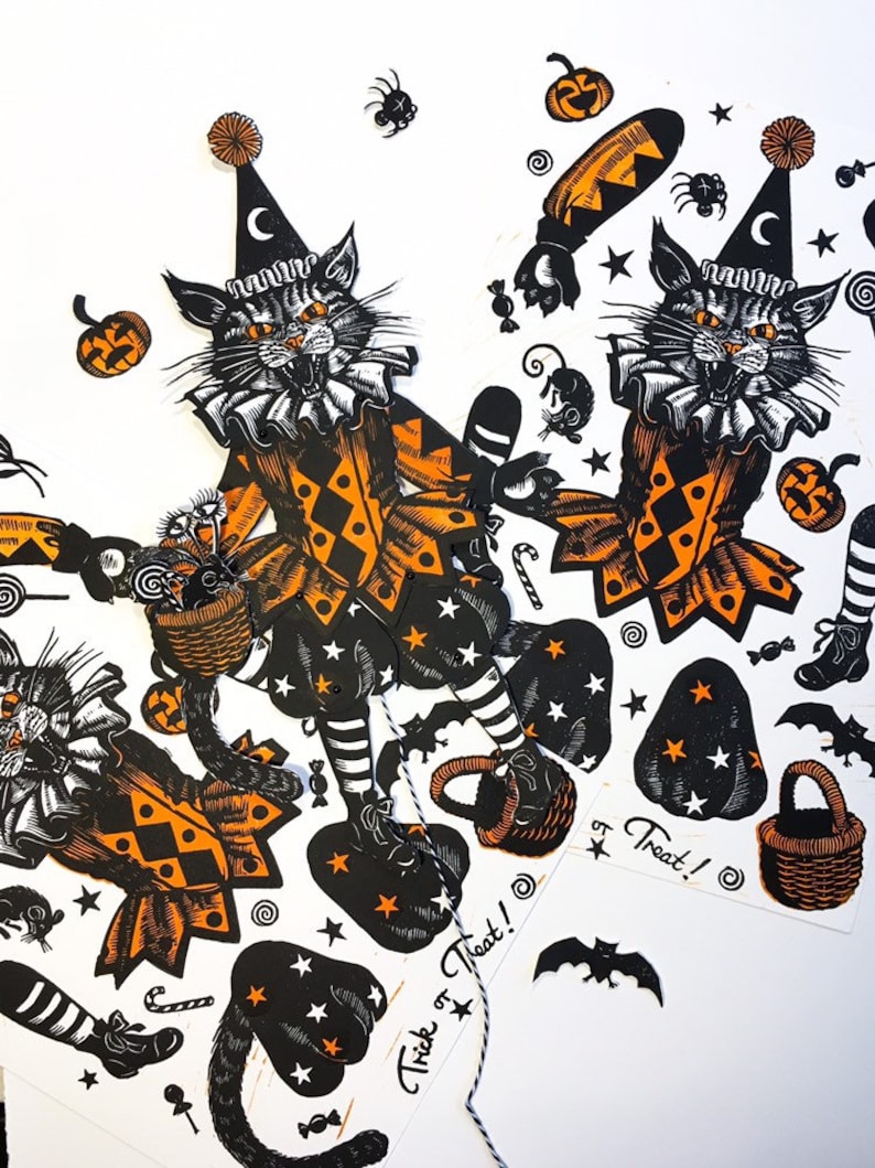 Halloween Jumping Jack Gustav the Cat Handmade Linocut, Trick and Treat Kitty, Bat pumpkin mouse eyeball harlequin star moon linoprint image 4