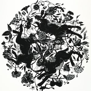 Three Hares Linocut Black on White - Original artwork w. Hare Rabbit Frog Snake Bird Bee Butterfly Spier Flowers Woodland Botanical