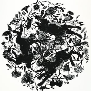 Drei Hasen Linolschnitt schwarz auf weiß m. Hase Kaninchen Frosch Schlange Vogel Biene Schmetterling Schmetterling Spier Blumen Wald Landschaft