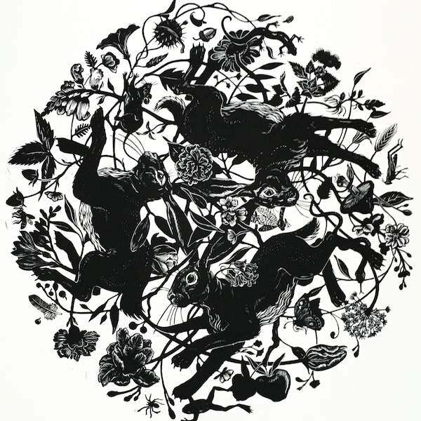 Three Hares Linocut Black on White - Original artwork w. Hare Rabbit Frog Snake Bird Bee Butterfly Spier Flowers Woodland Botanical