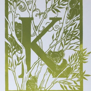 Linocut ABC K is for... Original handcarved Linoprint Artwork Alphabet, Koala Koala in Eucalyptus Tree, Australian Flora Fauna Botanical image 6