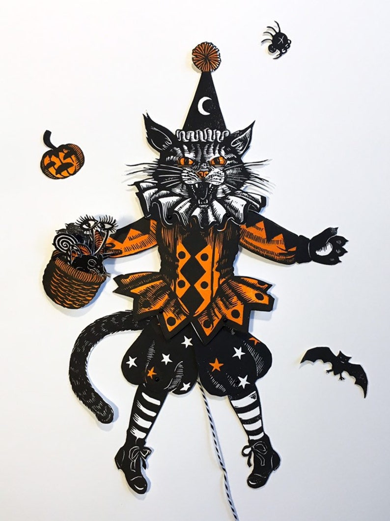 Halloween Jumping Jack Gustav the Cat Handmade Linocut, Trick and Treat Kitty, Bat pumpkin mouse eyeball harlequin star moon linoprint image 3