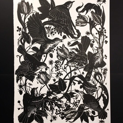 Strawberry Thieves Linocut - Tribute to William Morris Thrushes shops Thief Birds Flowers Botanical Arts & Crafts Movement Tulips Wildlife Bird