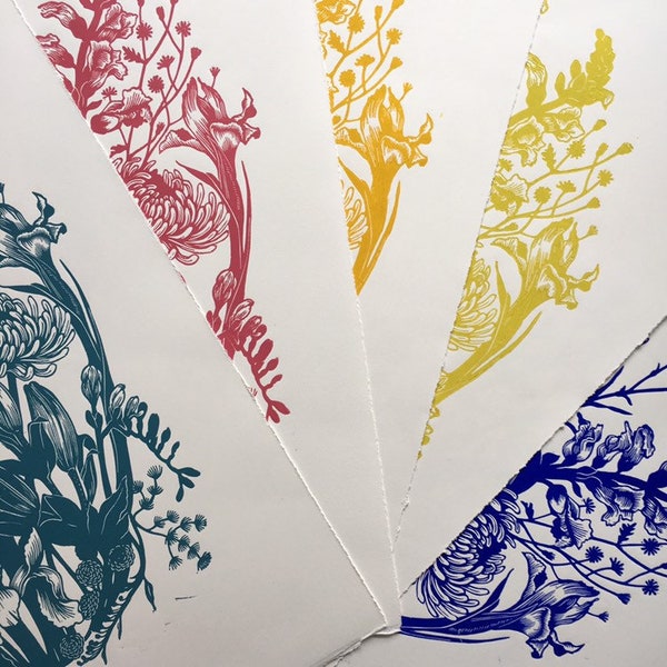 Spring Linocut - Original Handcarved Linoprint, Limited edition featuring colourful Botanical Floral Flowers Illustration