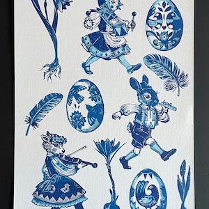 Easter Parade Linocut - handmade ornaments spring decorations vintage illustration bunting Garland bunny eggs chick lamb cute