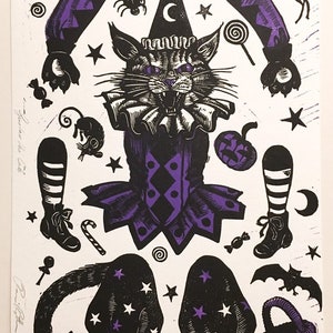 Halloween Jumping Jack Gustav the Cat Handmade Linocut, Trick and Treat Kitty, Bat pumpkin mouse eyeball harlequin star moon linoprint image 7