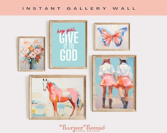 Christian Wall Art Bundle Set of 5 Coastal Cowgirl Wall Art Horse Print Preppy College Dorm Room Decor Pink Art Print Western Aesthetic Art