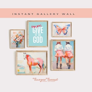 Christian Wall Art Bundle Set of 5 Coastal Cowgirl Wall Art Horse Print Preppy College Dorm Room Decor Pink Art Print Western Aesthetic Art