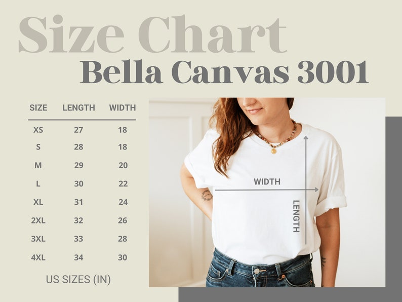 以下が含まれることがあります： Bella Canvas 3001 Tシャツのサイズチャート。XSから4XLまでのサイズと、長さと幅のインチ単位での測定値が表示されています。白いTシャツを着た人がいます。「Size Chart」と「Bella Canvas 3001」の文字が上部にあります。