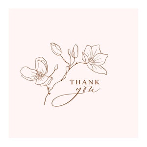 Op de afbeelding: Een eenvoudige lijntekening van een bloemstel met delicate bloemen en knoppen. De tekst "THANK YOU" is geschreven in een cursief schrift onder de tak.