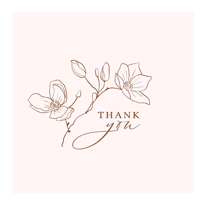 Op de afbeelding: Een eenvoudige lijntekening van een bloemstel met delicate bloemen en knoppen. De tekst "THANK YOU" is geschreven in een cursief schrift onder de tak.