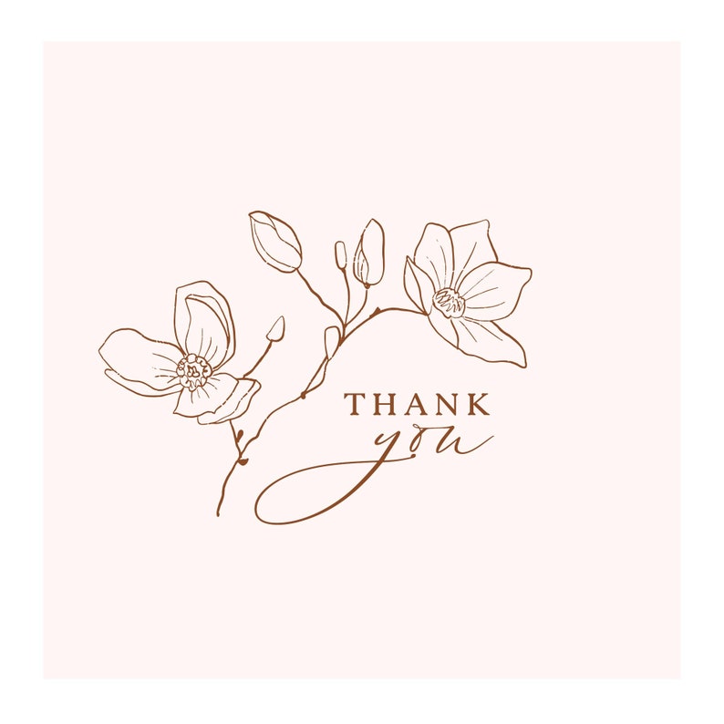 以下が含まれることがあります： 薄いピンク色の背景に、茶色の花のイラストと「THANK YOU」の文字が描かれたデザイン。 花とつぼみの植物画で、サンキューカードや文房具に最適です。