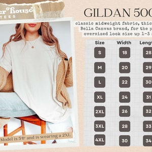 May include: A size chart for Gildan 5000 t-shirts, showing the width and length measurements in inches for sizes S through 4XL. The chart is printed on a white background with black text.