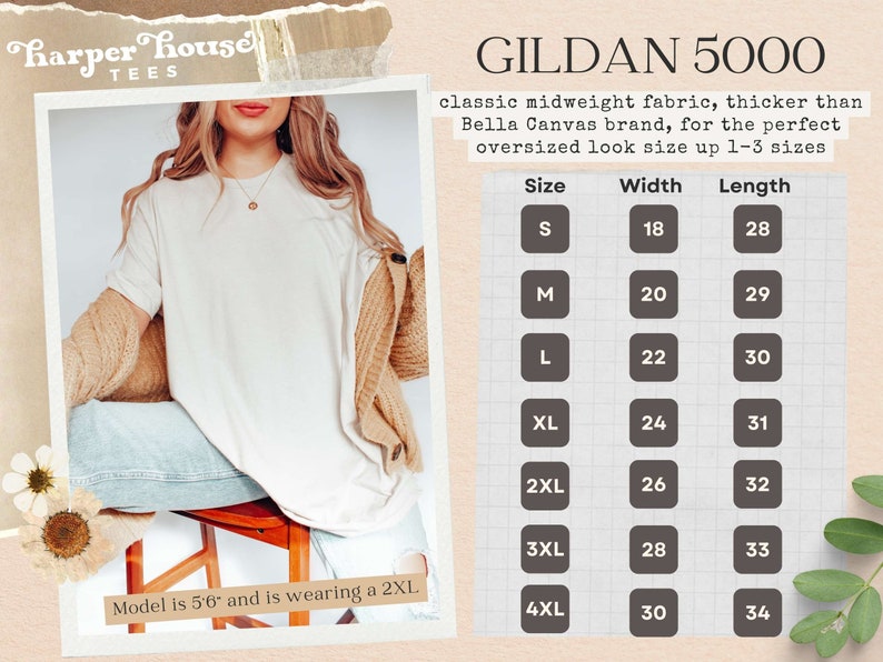 May include: A size chart for Gildan 5000 t-shirts, showing the width and length measurements in inches for sizes S through 4XL. The chart is printed on a white background with black text.