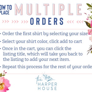 May include: How to place multiple orders graphic with pink floral design. The text reads "How to Place Multiple Orders" and includes instructions on how to order multiple items in a single Etsy order.