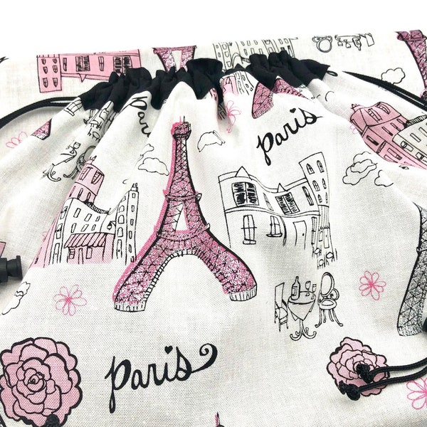 Travel Shoe Bag, lingerie bag, Paris gift, 100% cotton fully lined drawstring bag - toggle closures - handmade in USA - Washable - Reusable