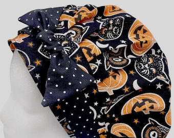 Halloween Bouffant Scrub Hat: Pumpkins & Cats, Side Knot Bow