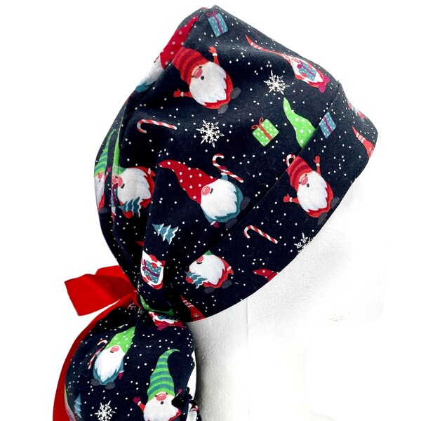 Christmas Ponytail Scrub Cap, Holiday Gnomes, Handmade Cotton