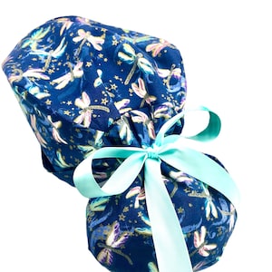 Ponytail scrub cap, surgical cap, best seller, dragonflies on navy with ponytail pocket. Choose matching fabric or satin ribbon tie backs.