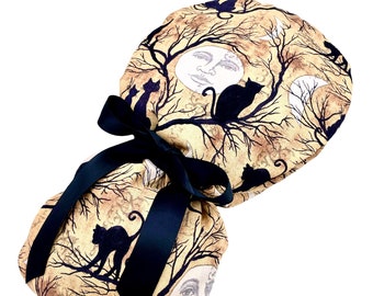 Halloween Ponytail Scrub Cap: Black Cats, Full Moon, Ribbon Tie