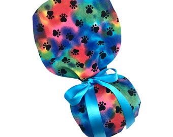 Rainbow Dog Paw-scrubmuts met paardenstaart: handgemaakte chirurgische muts